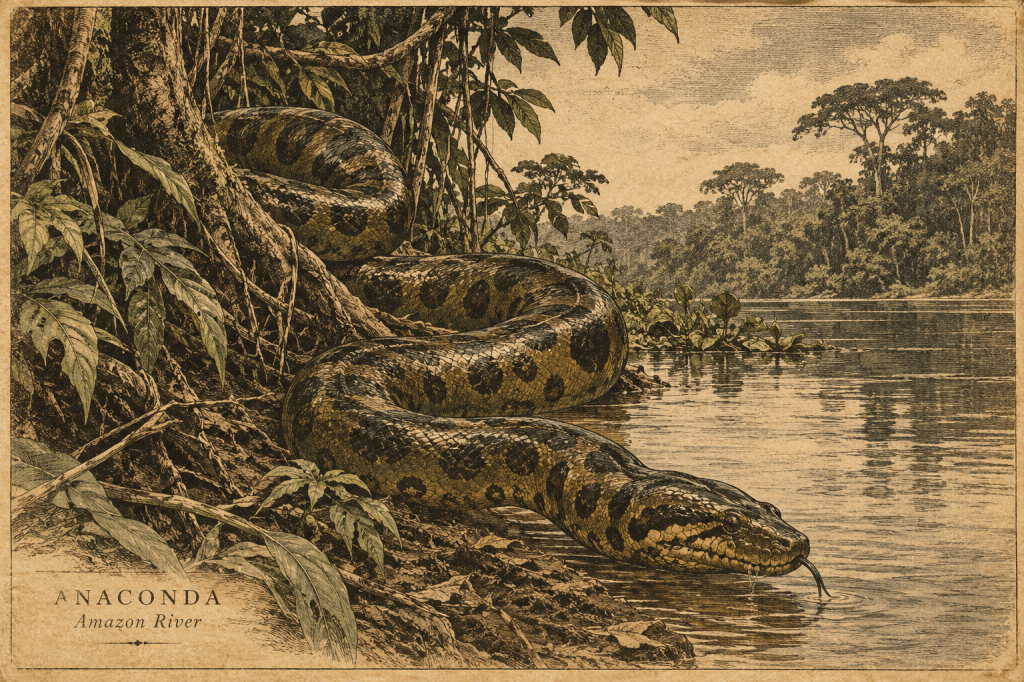 Anaconda snake resting near the Amazon River, surrounded by lush vegetation.
