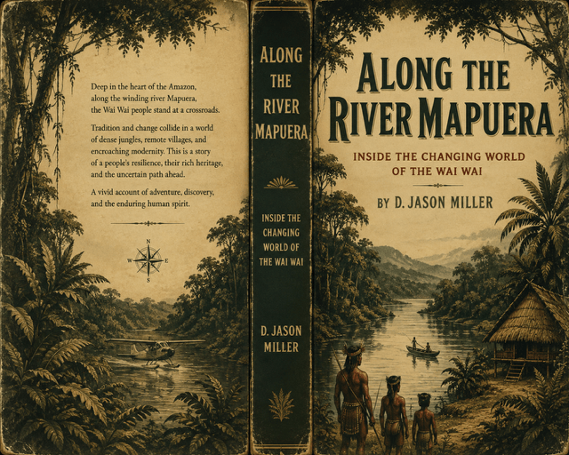Book cover of 'Along the River Mapuera' by D. Jason Miller, featuring lush jungle illustrations, a river scene, and indigenous people, exploring themes of tradition and change.